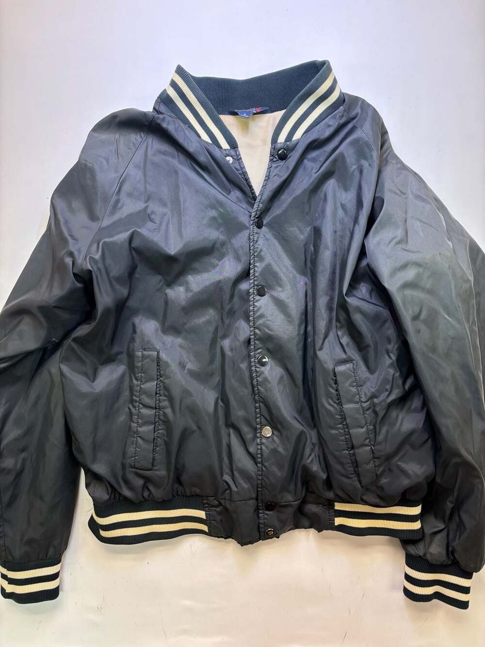 Trax Bomber Jacket Size XL Black Satin Snap Front Varsity